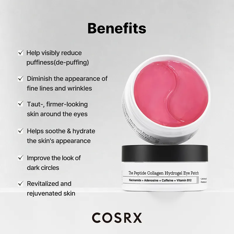 Les COSRX The Peptide Collagen Hydrogel Eye Patch hydratent, raffermissent et réduisent les poches grâce aux peptides et au collagène. Commandez au meilleur prix en Algérie, produits coréens originaux.