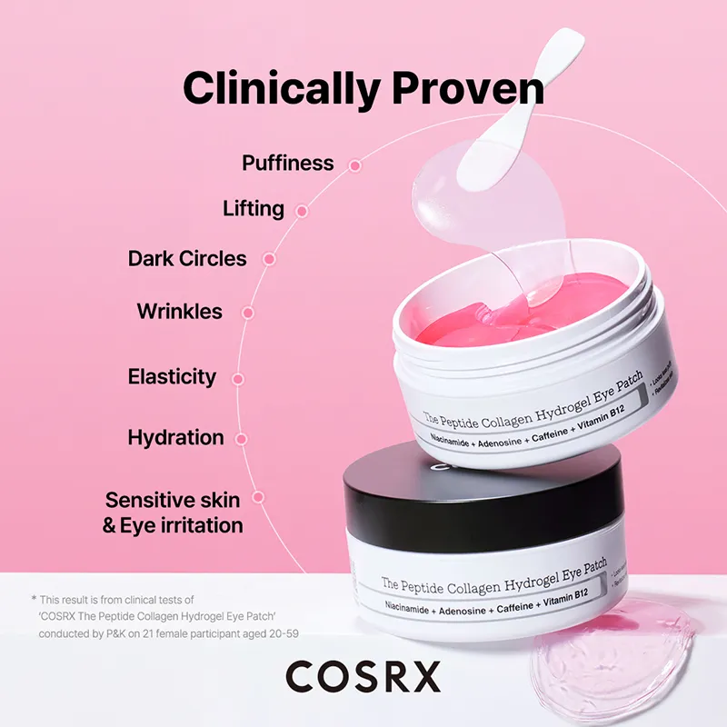 Les COSRX The Peptide Collagen Hydrogel Eye Patch hydratent, raffermissent et réduisent les poches grâce aux peptides et au collagène. Commandez au meilleur prix en Algérie, produits coréens originaux.