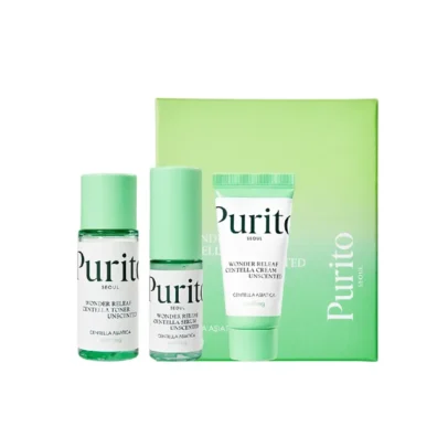 Le Purito Wonder Releaf Centella Mini Kit apaise la peau sensible, réduit les rougeurs et renforce la barrière cutanée. Commandez au meilleur prix en Algérie, produits coréens originaux.