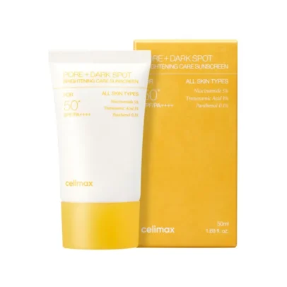 Le Celimax Pore+ Dark Spot Brightening Care Sunscreen SPF50+ protège la peau des UV tout en aidant à réduire les taches et unifier le teint. Commandez au meilleur prix en Algérie, produits coréens originaux.