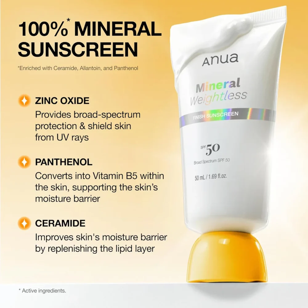 Anua Mineral Weightless Finish Sunscreen SPF50+ PA++++ | واقي شمس فيزيائي خفيف بلمسة طبيعية - الصورة 3